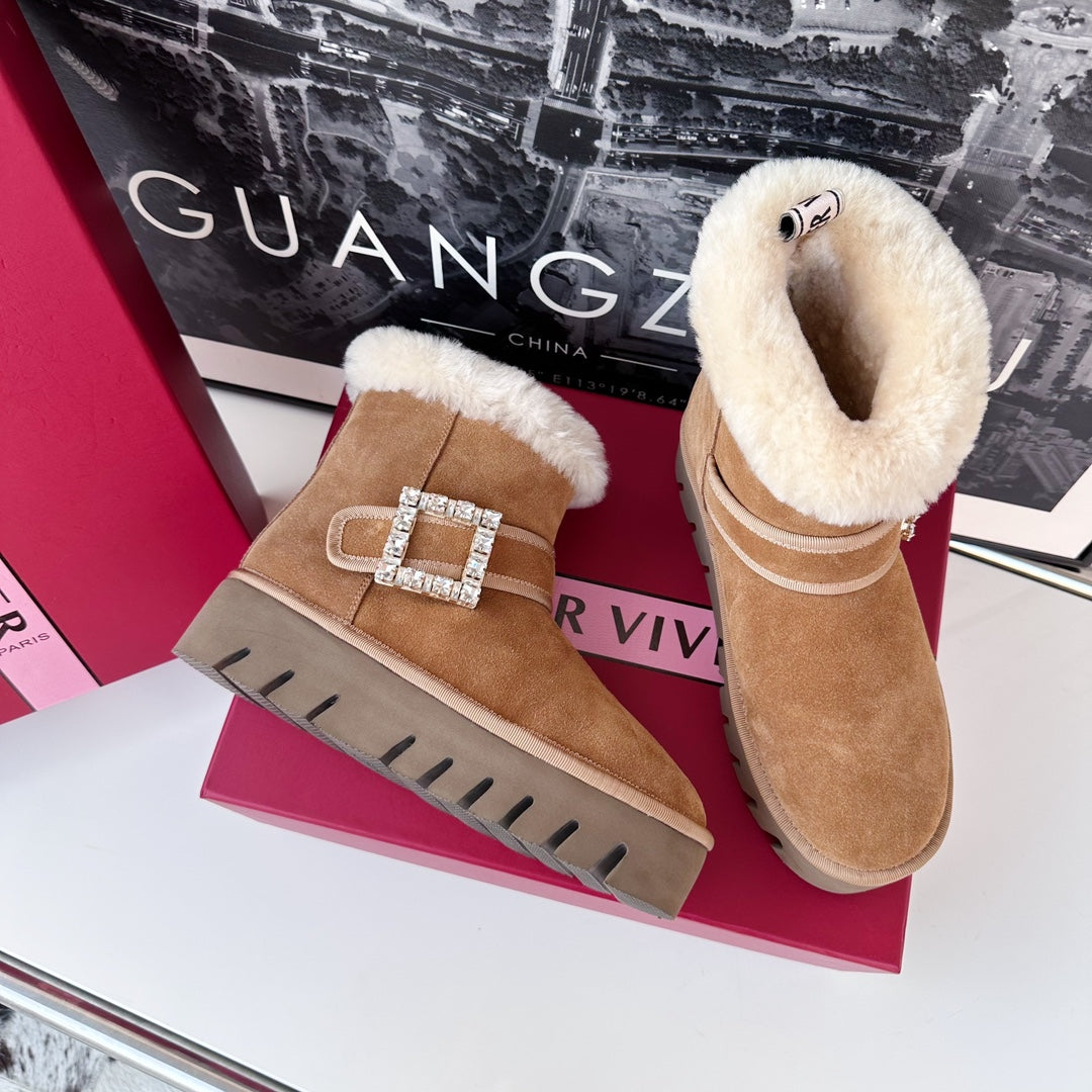 VIV' WINTER FUR STRASS BUCKLE ANKLE BOOTS IN TAN BROWN SUEDE