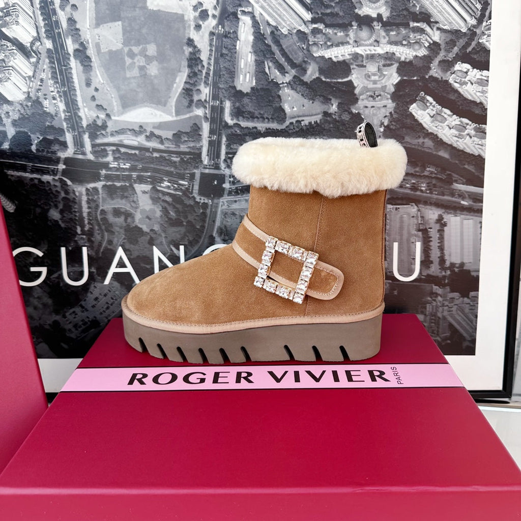 VIV' WINTER FUR STRASS BUCKLE ANKLE BOOTS IN TAN BROWN SUEDE