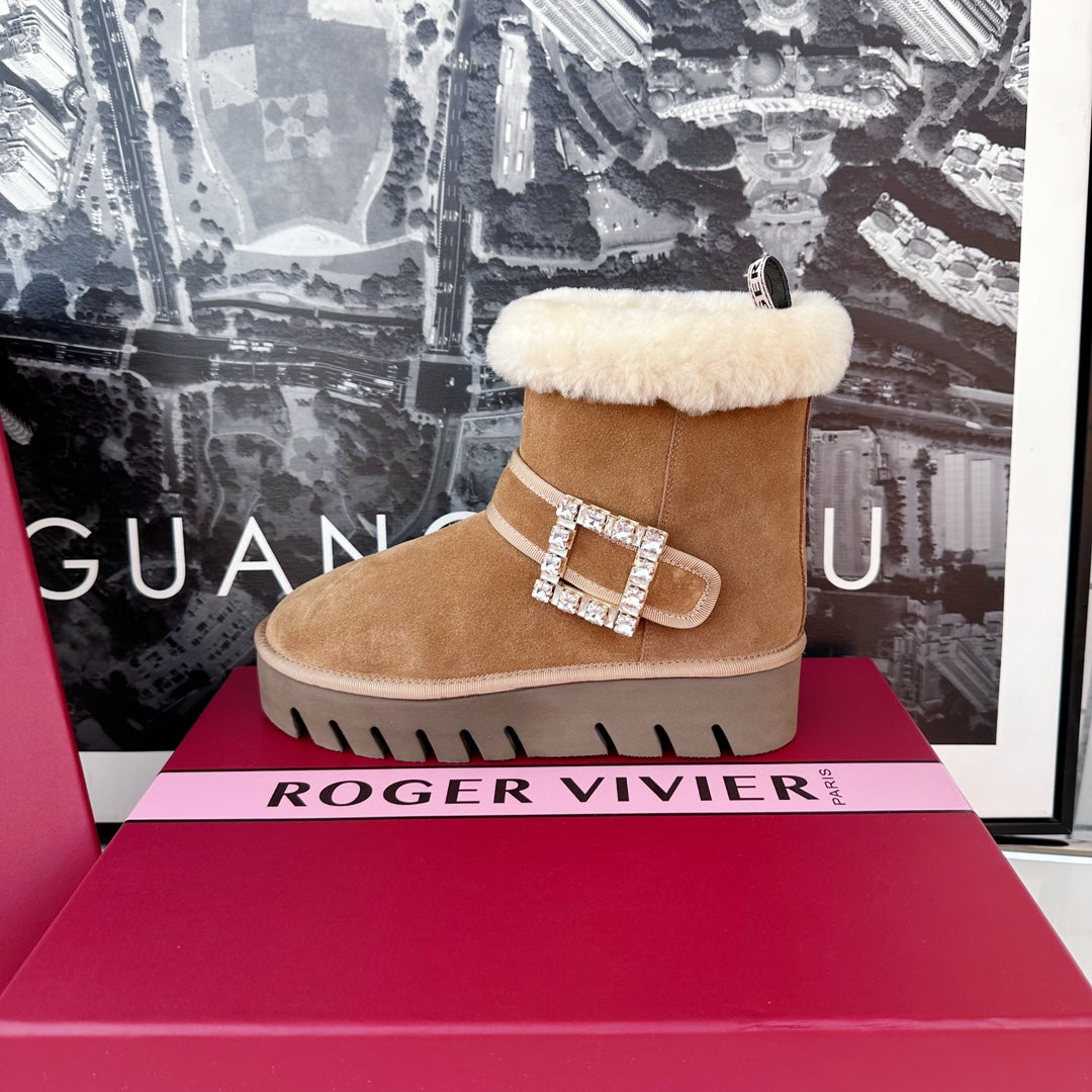 VIV' WINTER FUR STRASS BUCKLE ANKLE BOOTS IN TAN BROWN SUEDE