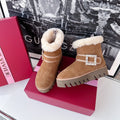 VIV' WINTER FUR STRASS BUCKLE ANKLE BOOTS IN TAN BROWN SUEDE