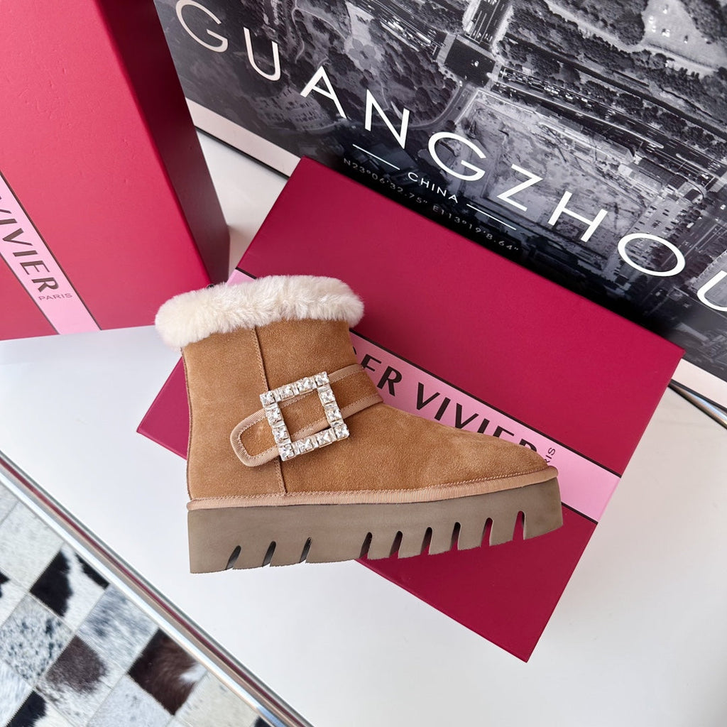 VIV' WINTER FUR STRASS BUCKLE ANKLE BOOTS IN TAN BROWN SUEDE