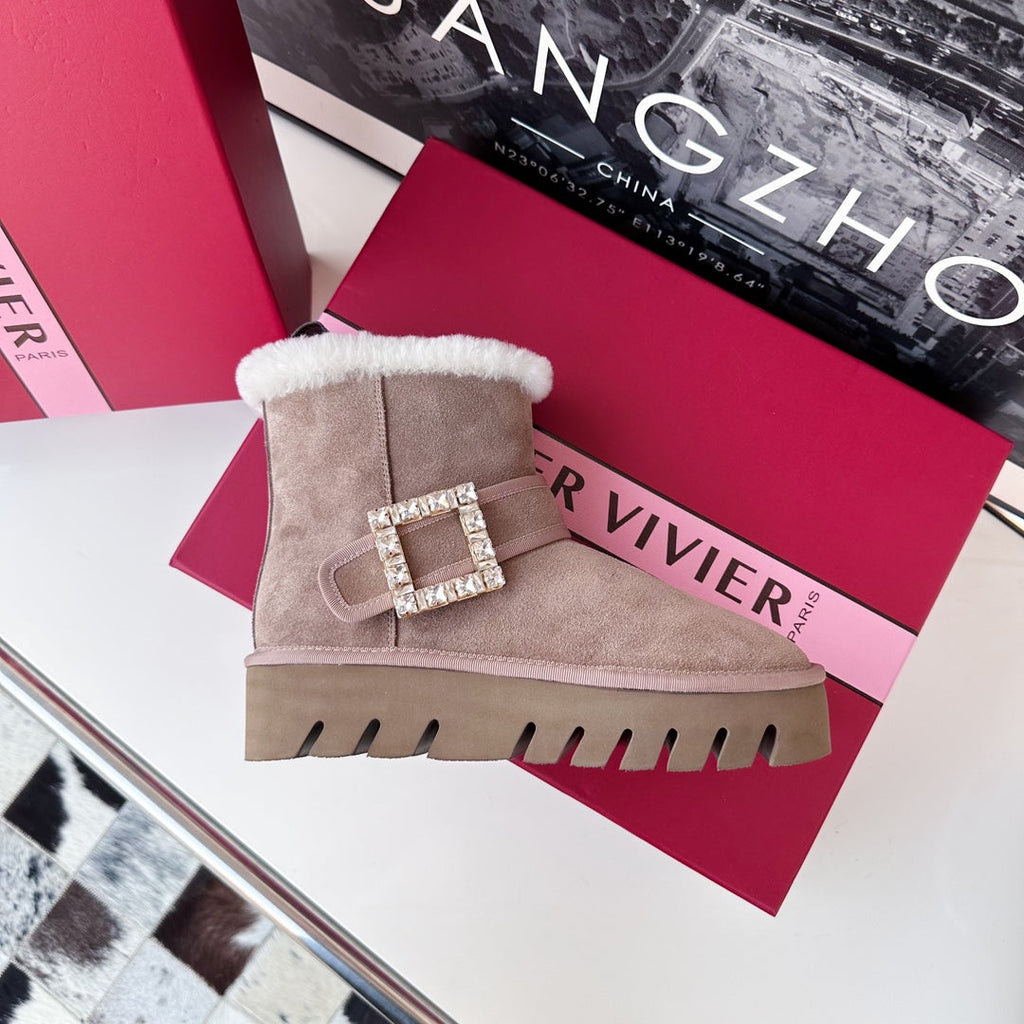 VIV' WINTER FUR STRASS BUCKLE ANKLE BOOTS IN TAUPE SUEDE