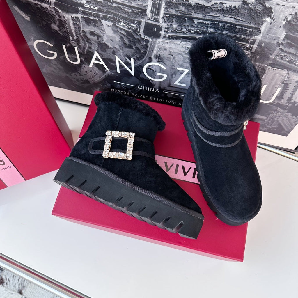VIV' WINTER FUR STRASS BUCKLE ANKLE BOOTS IN BLACK SUEDE