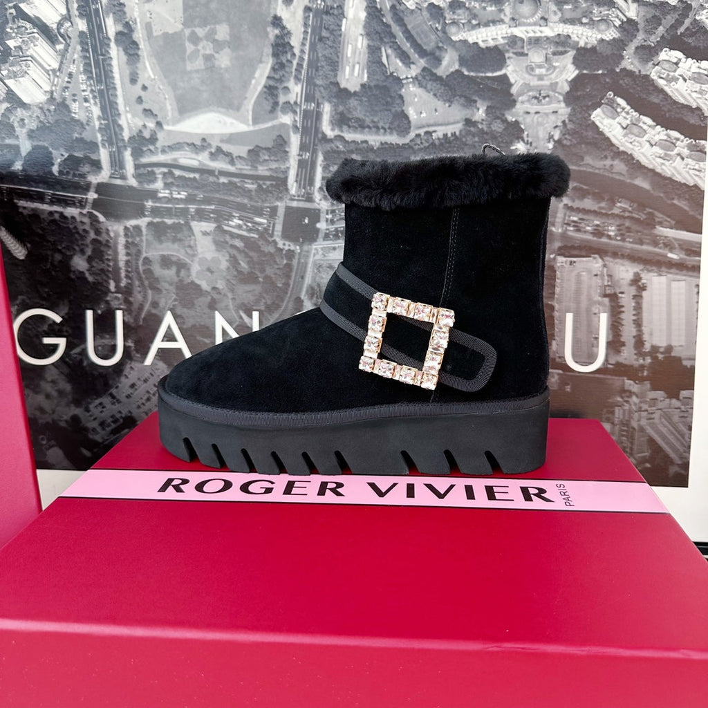 VIV' WINTER FUR STRASS BUCKLE ANKLE BOOTS IN BLACK SUEDE
