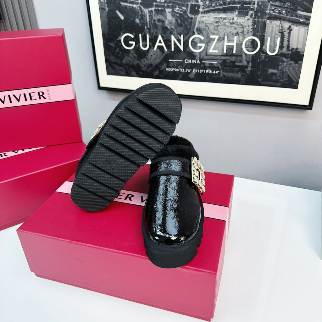 VIV WINTER PLATFORM MULES IN BLACK PATENT CALFSKIN