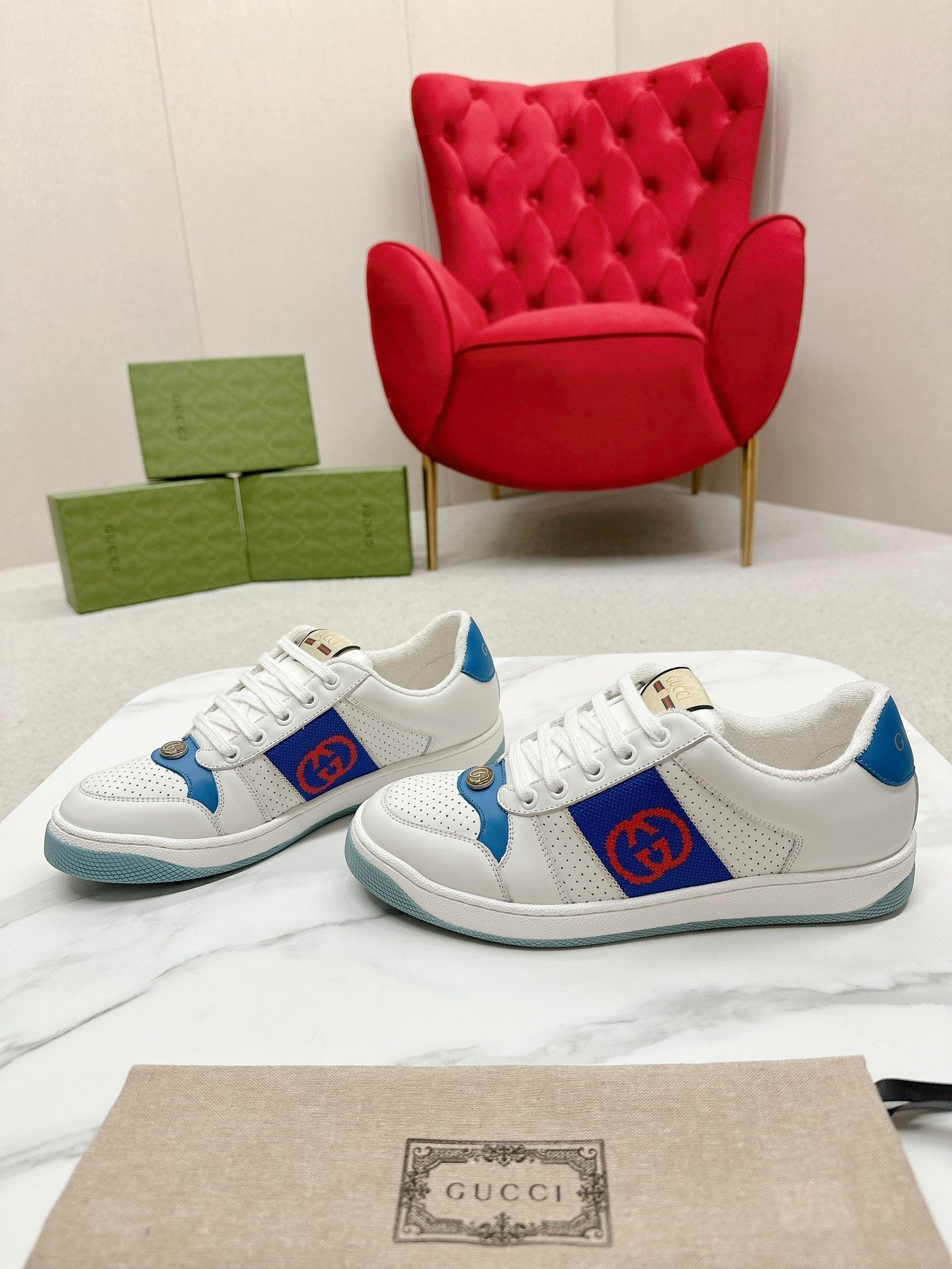 GG WOMEN'S SCREENER TRAINER WHITE AND BLUE CALFSKIN