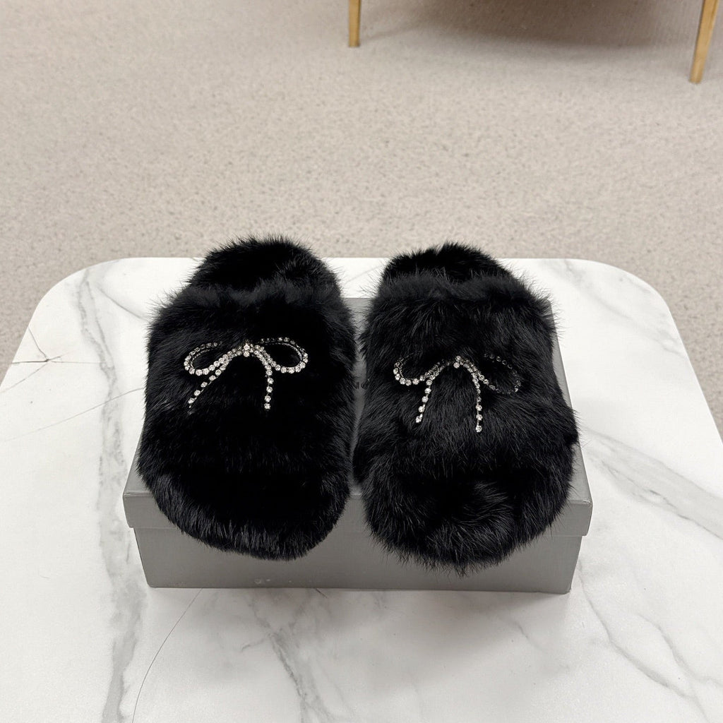 BALENCIAGA 25S SOFT FUR SLIPPERS IN BLACK FUR WITH RHINESTONE BOW
