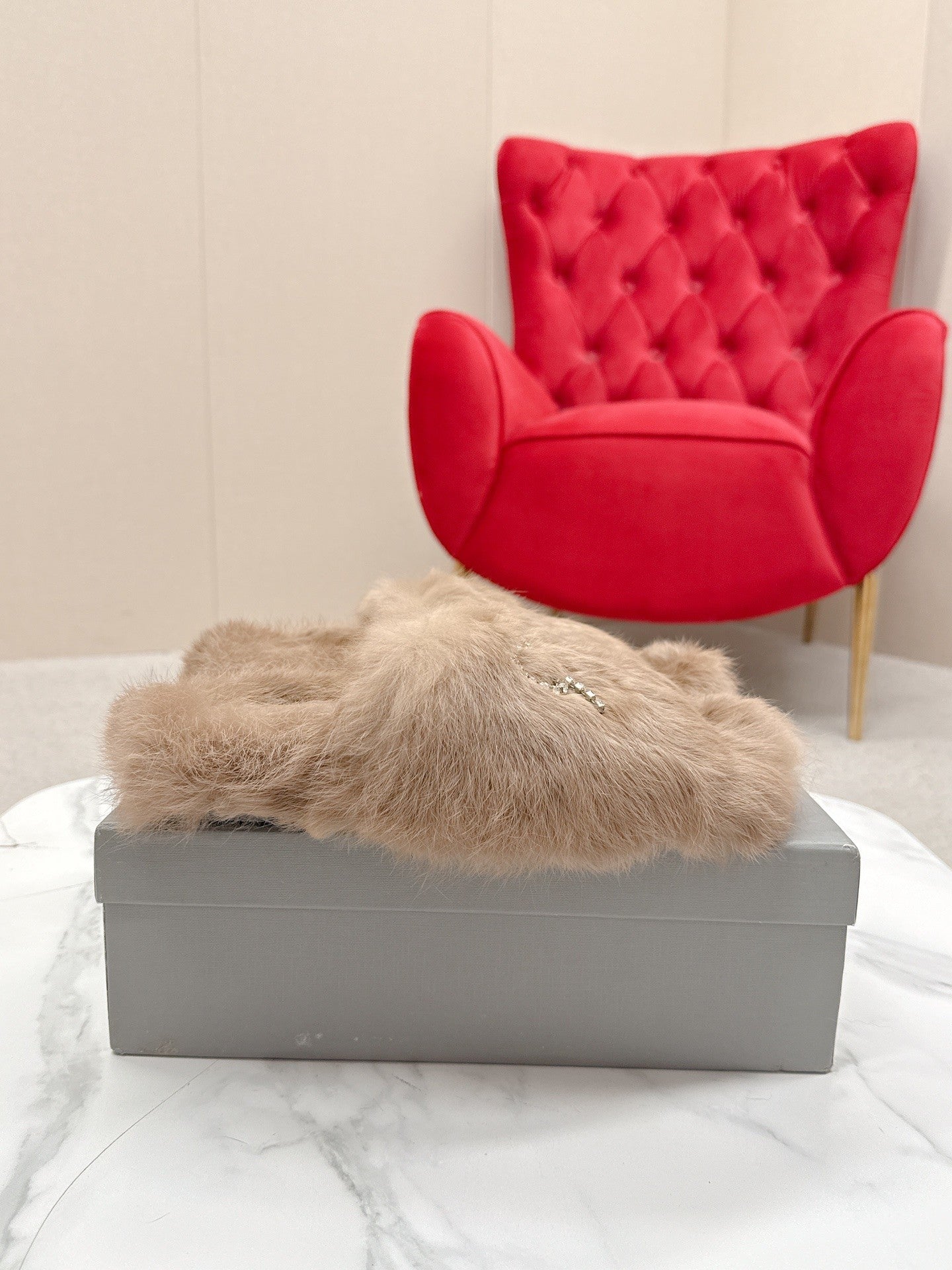 BALENCIAGA 25S SOFT FUR SLIPPERS IN LIGHT BROWN FUR WITH RHINESTONE BOW