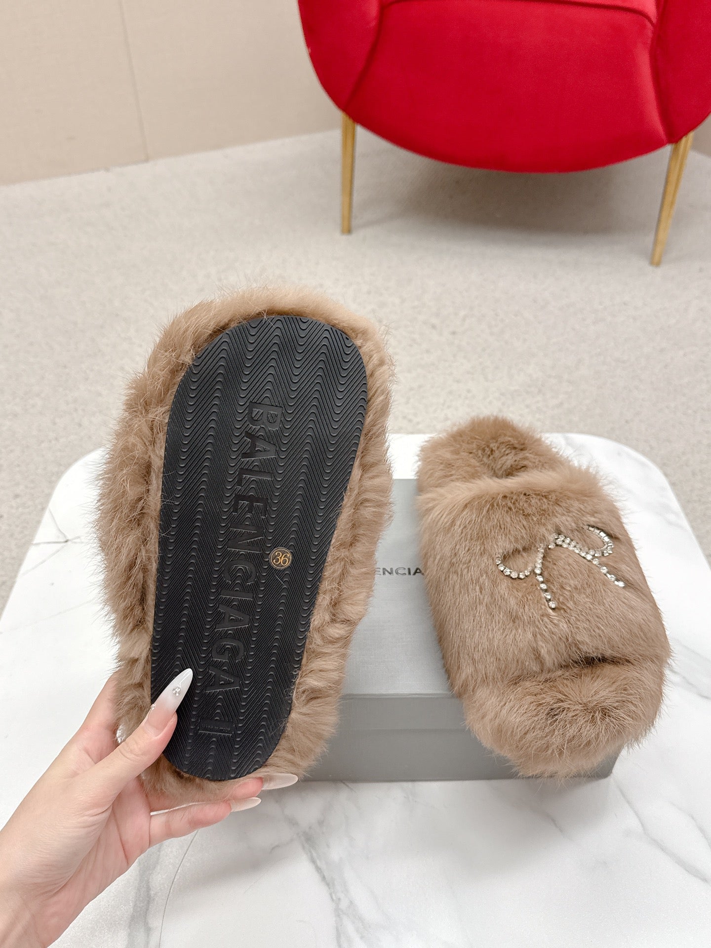 BALENCIAGA 25S SOFT FUR SLIPPERS IN LIGHT BROWN FUR WITH RHINESTONE BOW