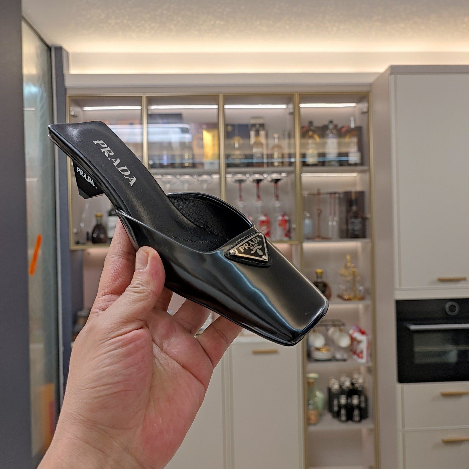 PRA SQUARE TOE MULES BLACK CALFSKIN WITH LOGO