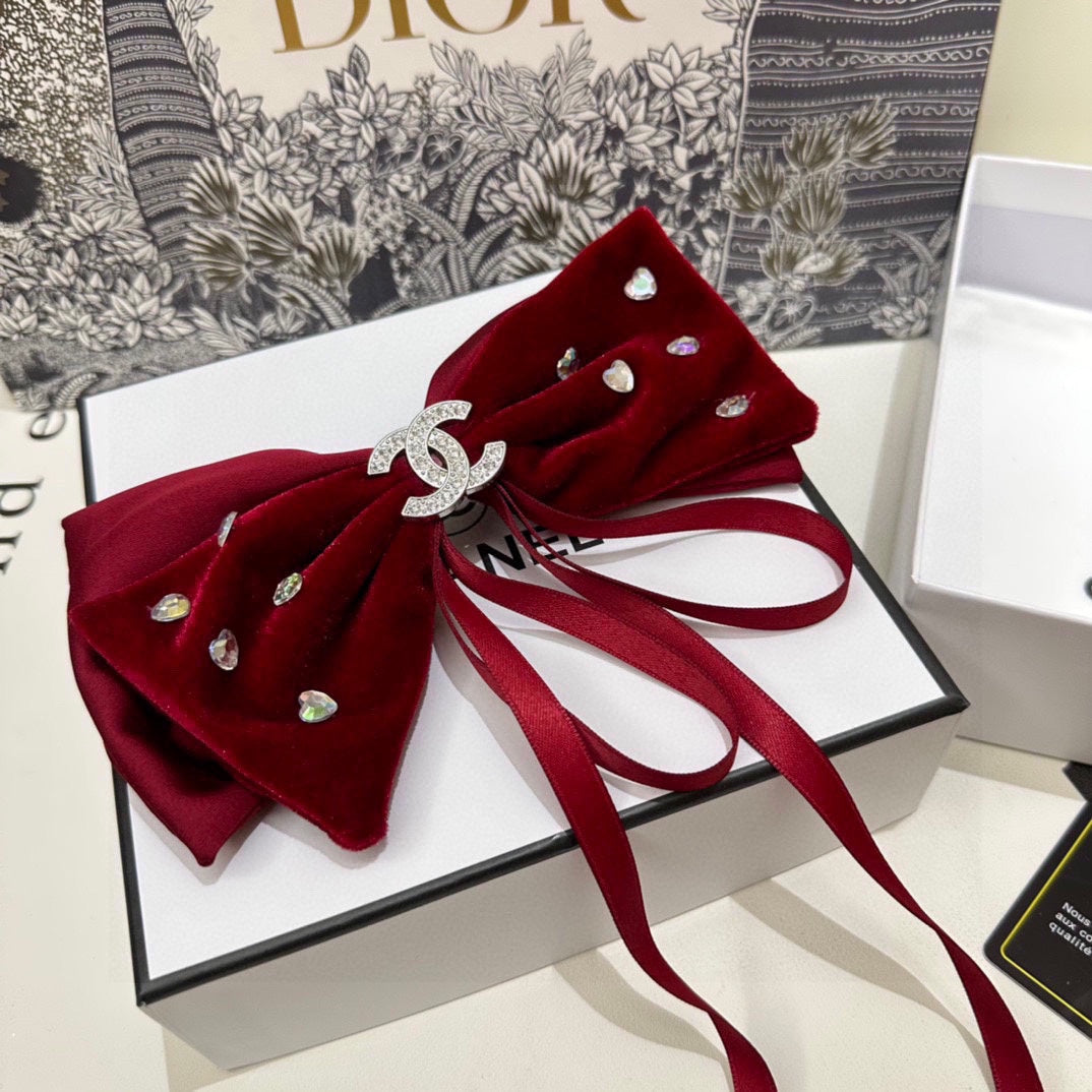 CRIMSON RED VELVET HAIR CLIP WITH BOW AND CRYSTAL 412470