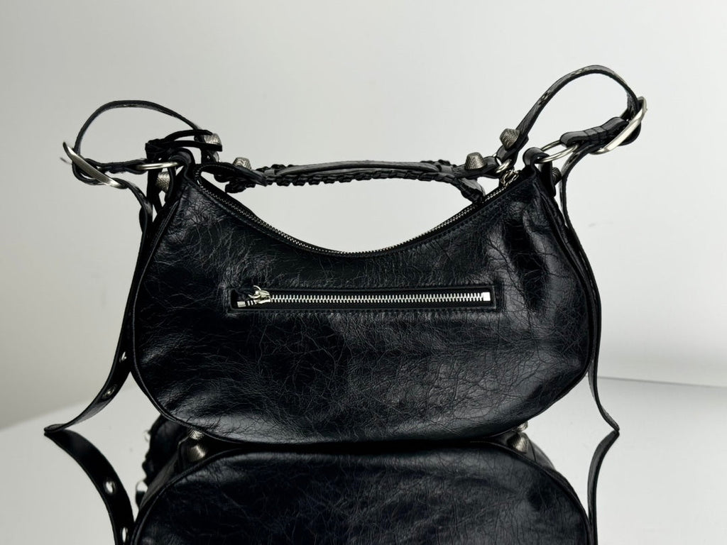 LE CAGOLE LARGE SHOULDER BAG 33 WITH RHINESTONES IN BLACK ARENA LAMBSKIN SILVER HARDWARE