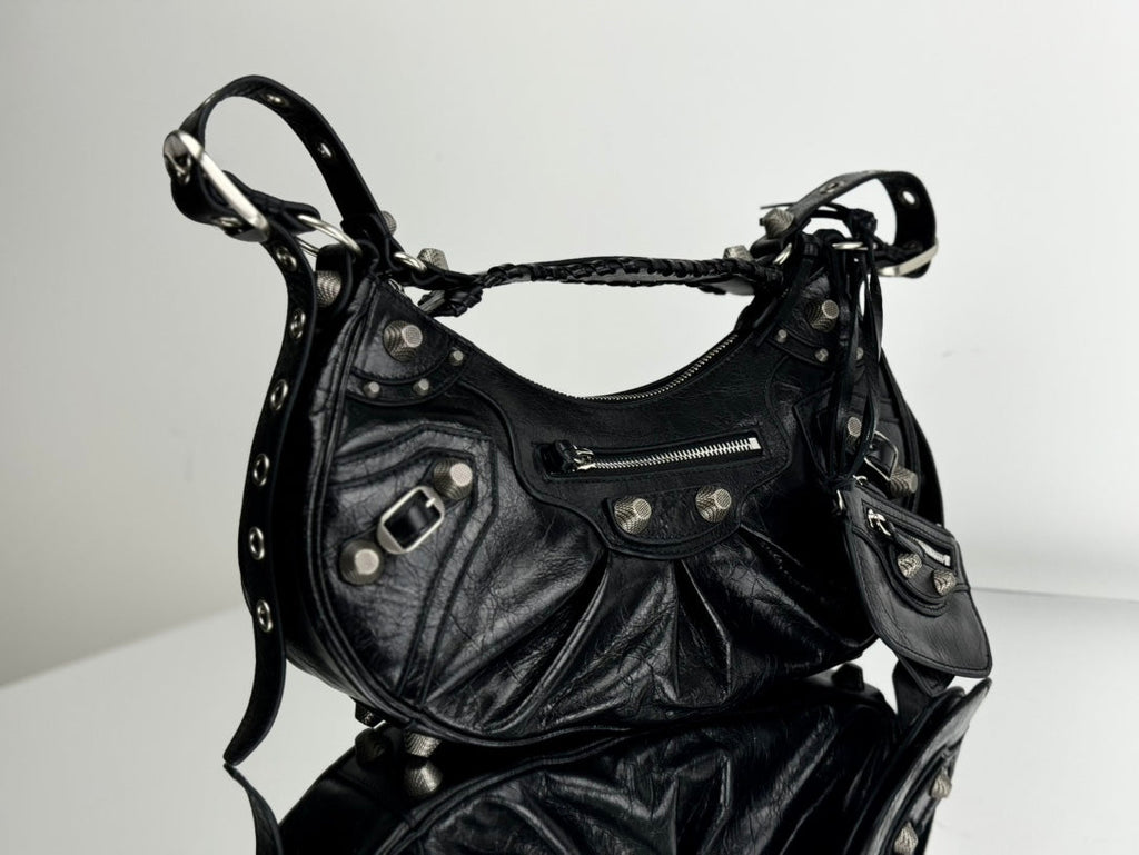 LE CAGOLE LARGE SHOULDER BAG 33 WITH RHINESTONES IN BLACK ARENA LAMBSKIN SILVER HARDWARE