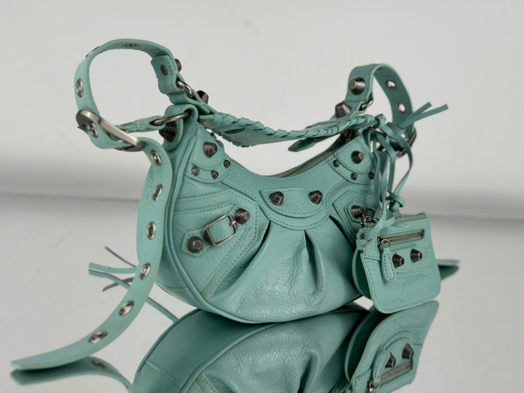 LE CAGOLE SMALL SHOULDER BAG 26 WITH RHINESTONES IN MINT GREEN LAMBSKIN