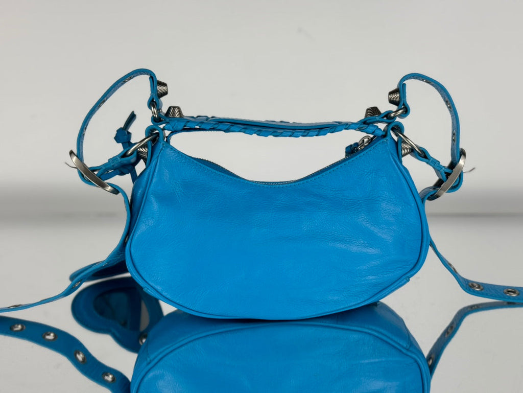 LE CAGOLE SMALL SHOULDER BAG 26 WITH RHINESTONES IN DODPER BLUE LAMBSKIN