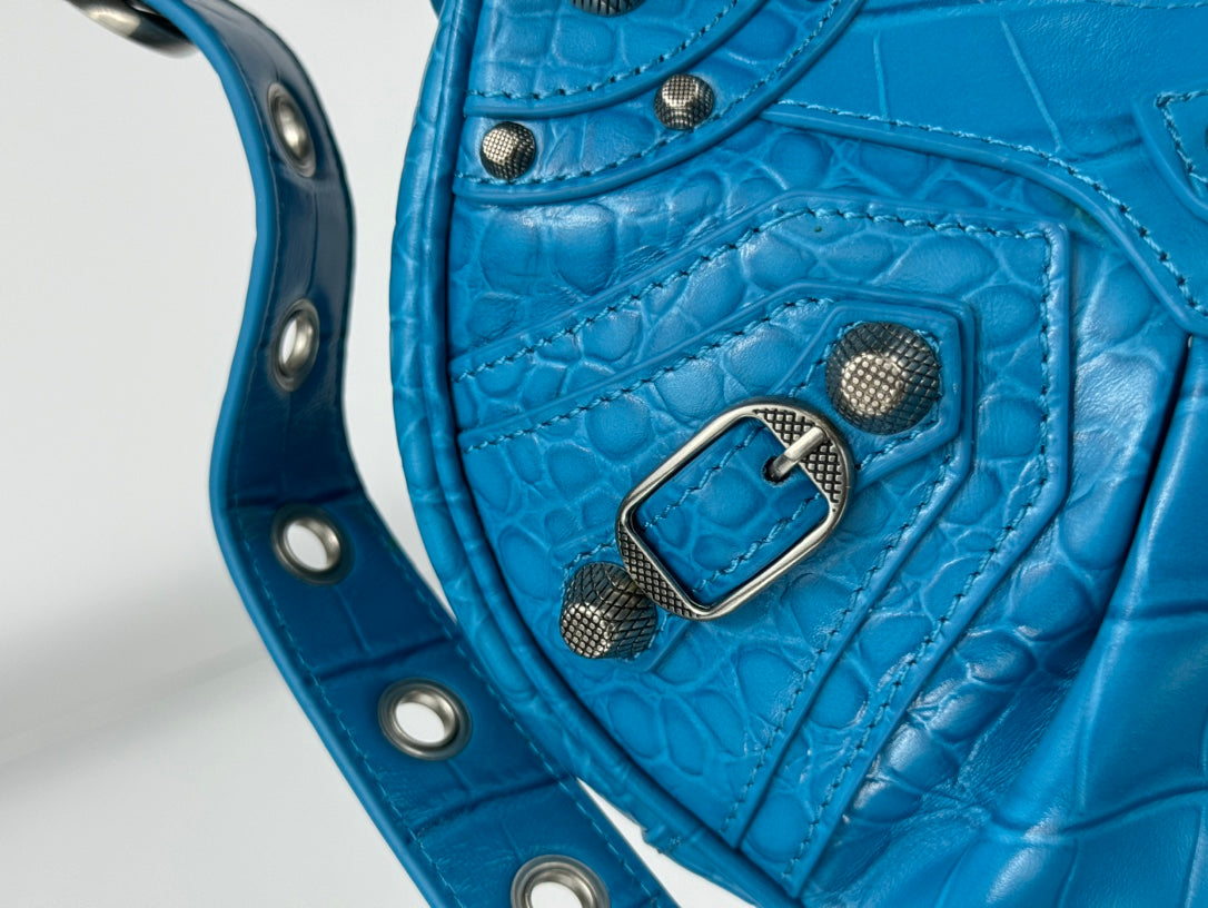 LE CAGOLE SMALL SHOULDER BAG 26 WITH RHINESTONES IN DODPER BLUE CROCODILE EMBOSSED CALFSKIN
