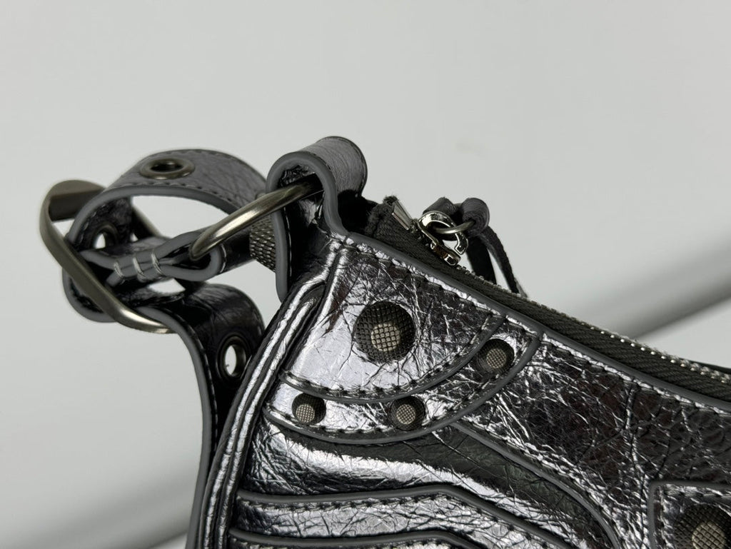 LE CAGOLE SMALL SHOULDER BAG 26 WITH RHINESTONES IN SILVER METALLIC ARENA LAMBSKIN