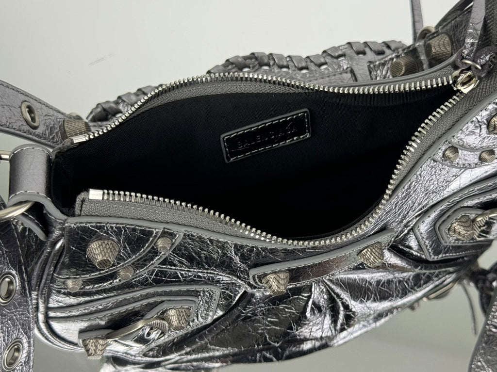 LE CAGOLE SMALL SHOULDER BAG 26 WITH RHINESTONES IN SILVER METALLIC ARENA LAMBSKIN