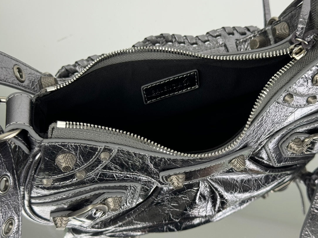 LE CAGOLE SMALL SHOULDER BAG 26 WITH RHINESTONES IN SILVER METALLIC ARENA LAMBSKIN