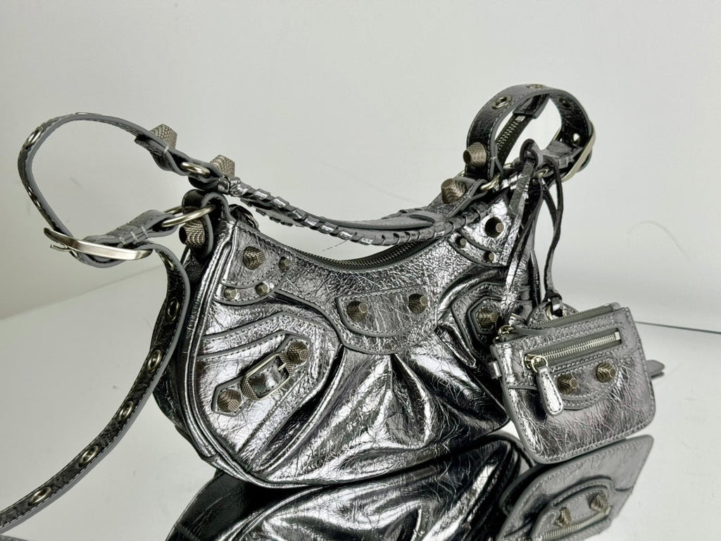 LE CAGOLE SMALL SHOULDER BAG 26 WITH RHINESTONES IN SILVER METALLIC ARENA LAMBSKIN