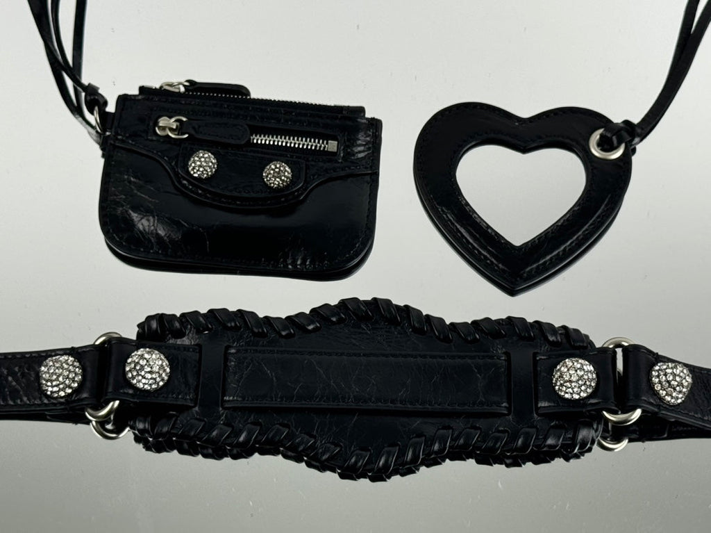 LE CAGOLE SMALL SHOULDER BAG 26 WITH RHINESTONES IN BLACK ARENA LAMBSKIN SILVER HARDWARE