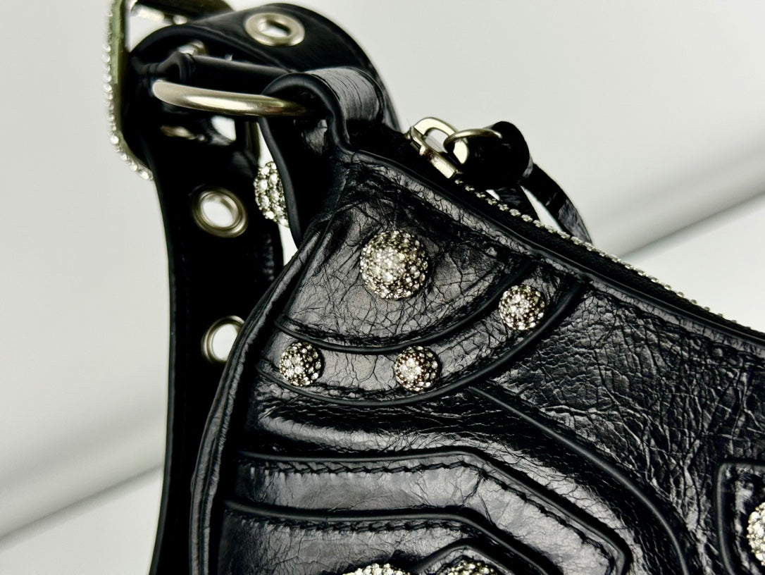 LE CAGOLE SMALL SHOULDER BAG 26 WITH RHINESTONES IN BLACK ARENA LAMBSKIN SILVER HARDWARE