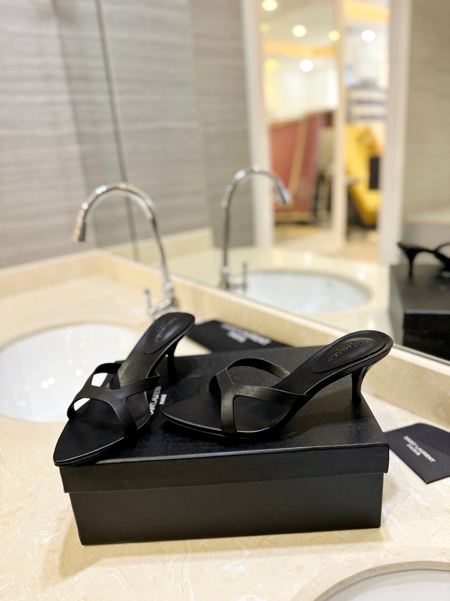 SL OPEN-TOES HIGH HEELS SLIPPER BLACK CALFSKIN