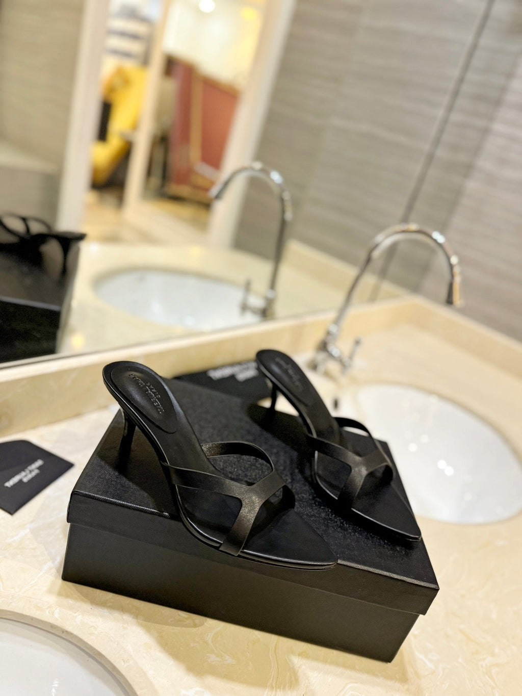 SL OPEN-TOES HIGH HEELS SLIPPER BLACK CALFSKIN