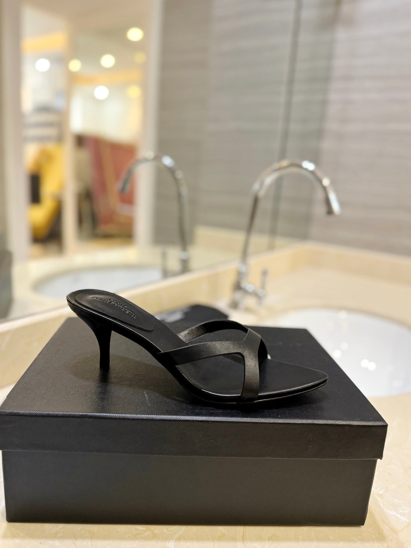 SL OPEN-TOES HIGH HEELS SLIPPER BLACK CALFSKIN