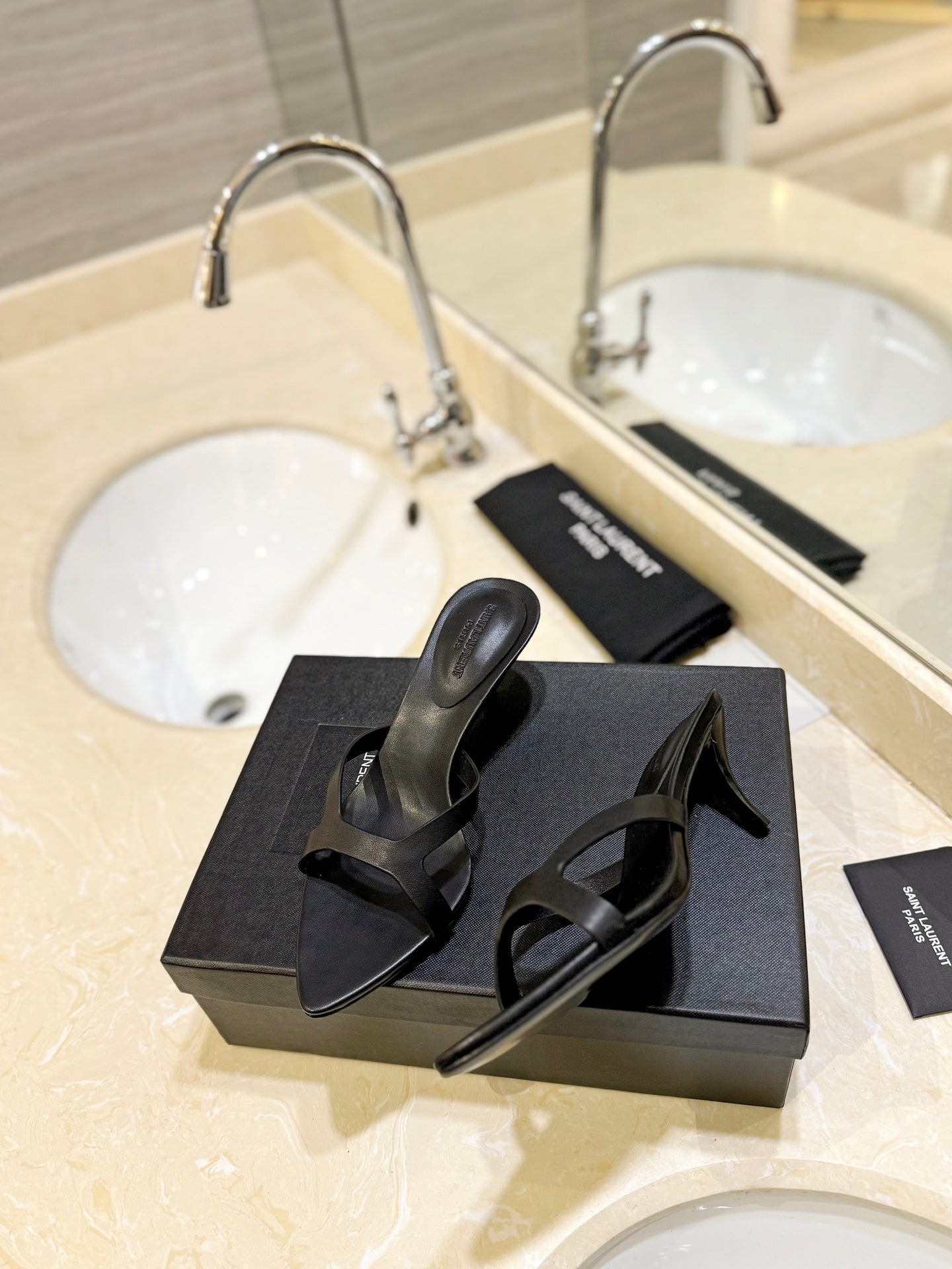 SL OPEN-TOES HIGH HEELS SLIPPER BLACK CALFSKIN