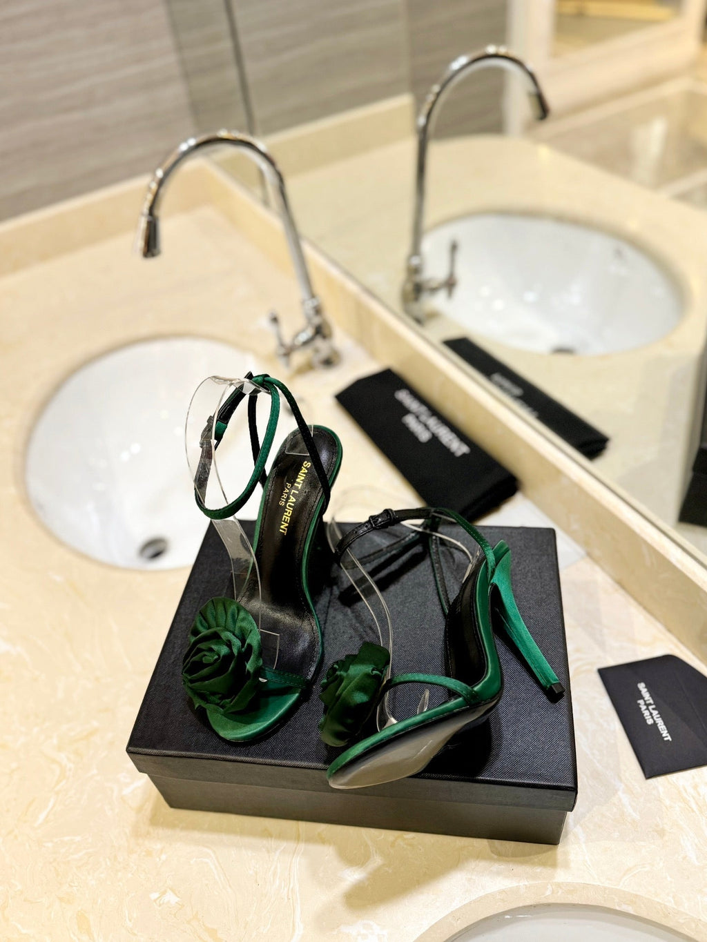 SL IVY FLORAL HEEL SANDALS DARK GREEN SATIN