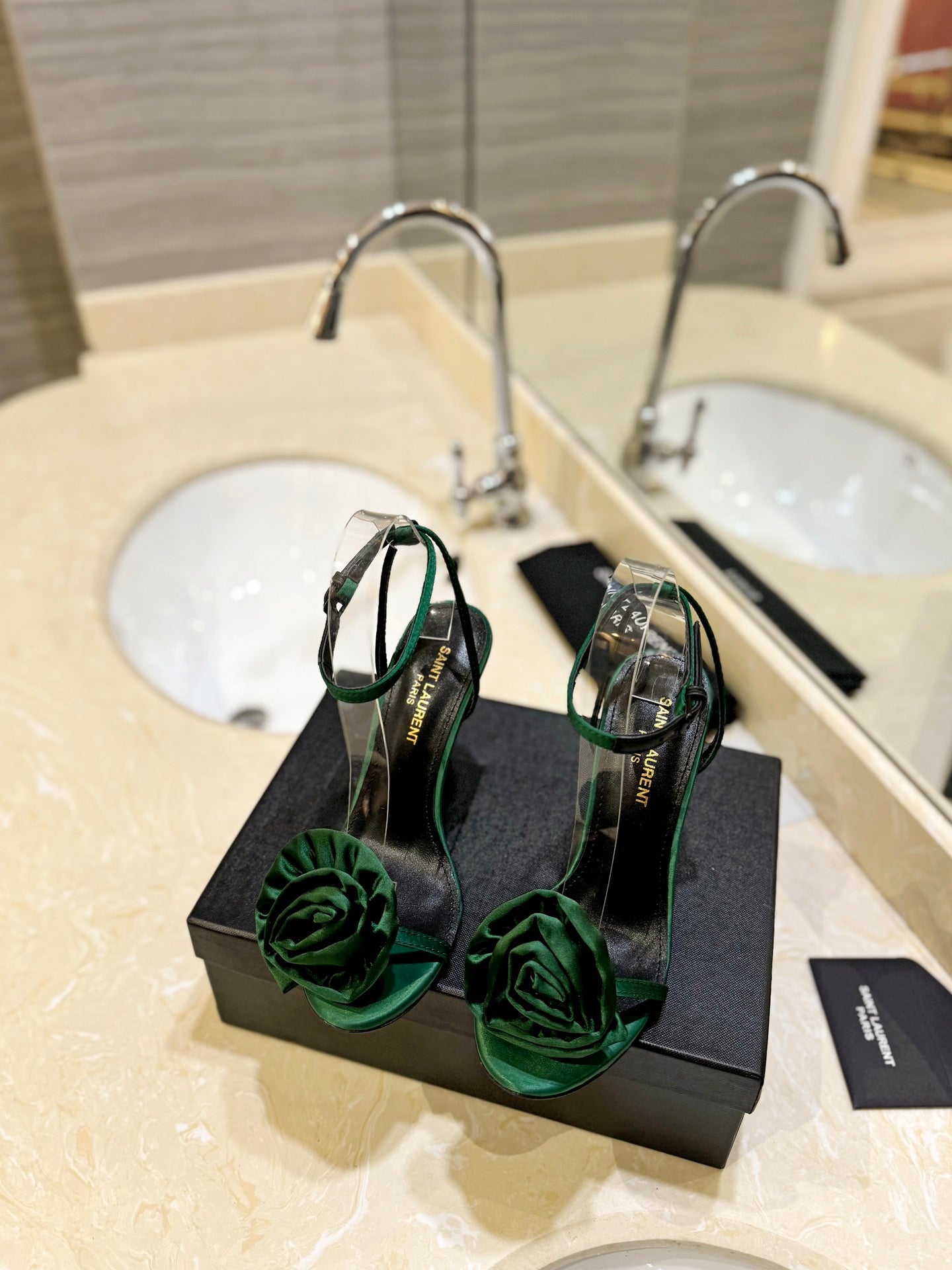 SL IVY FLORAL HEEL SANDALS DARK GREEN SATIN