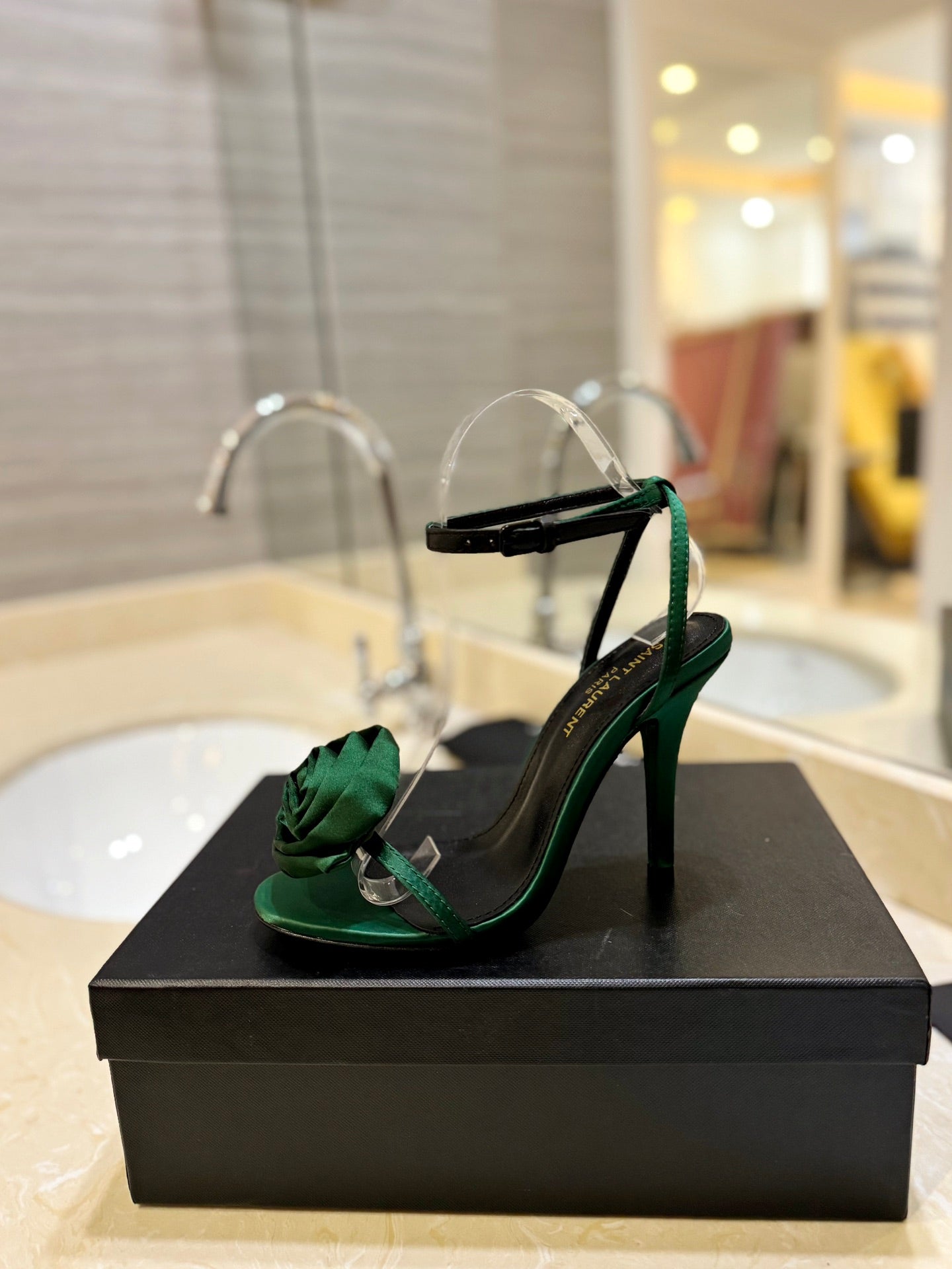 SL IVY FLORAL HEEL SANDALS DARK GREEN SATIN