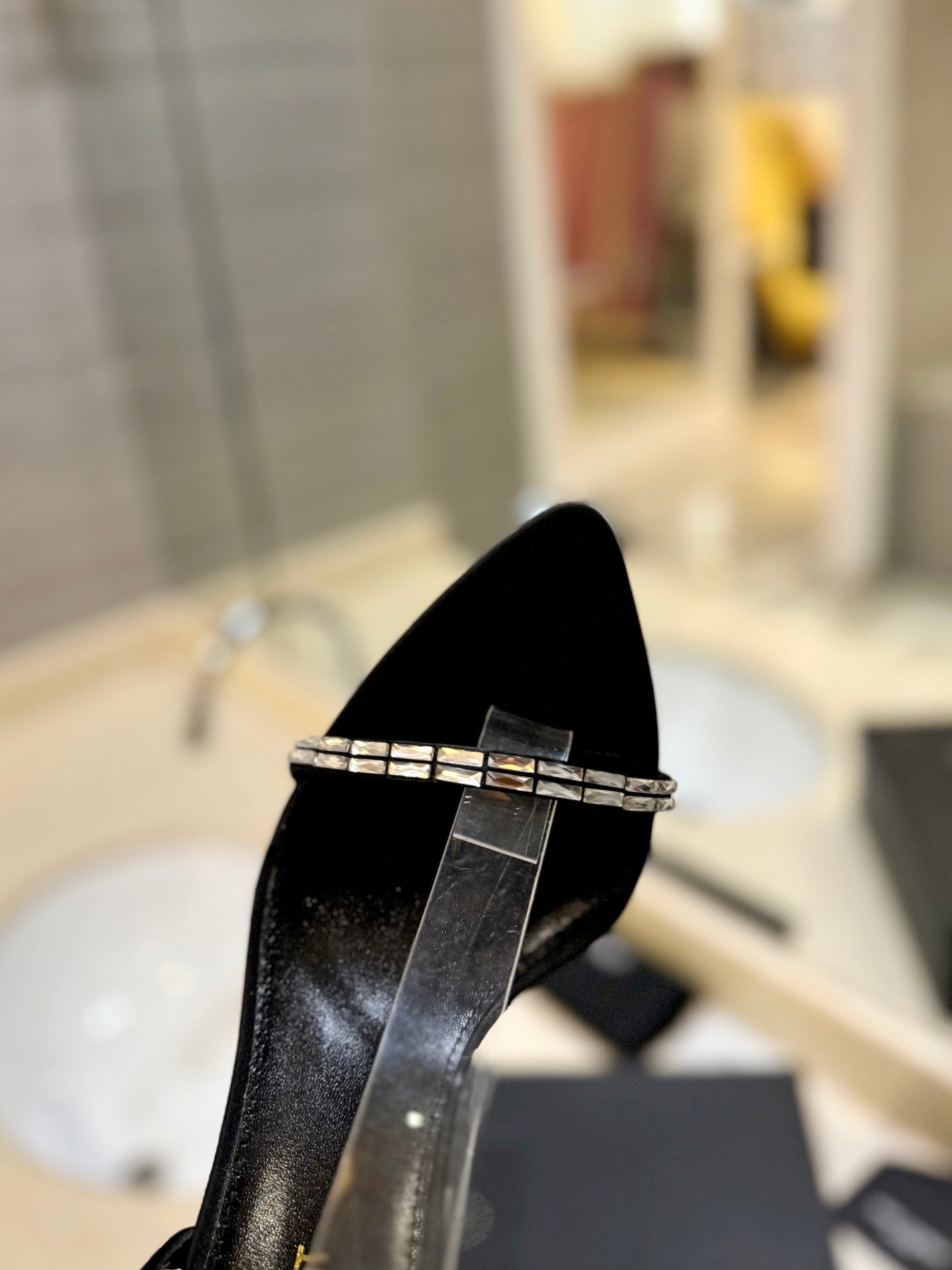 SL RHINESTONE HEELED SANDALS BLACK SATIN