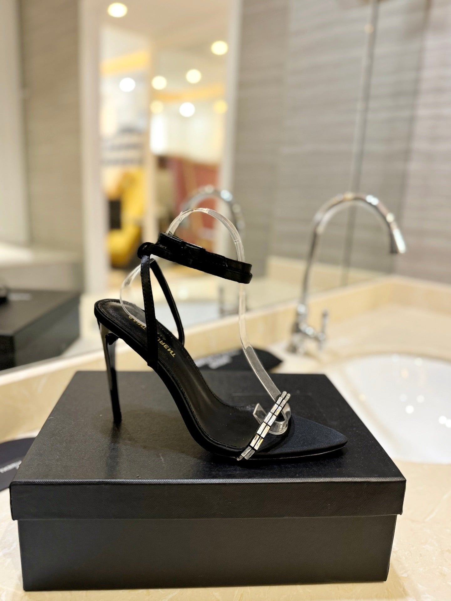 SL RHINESTONE HEELED SANDALS BLACK SATIN