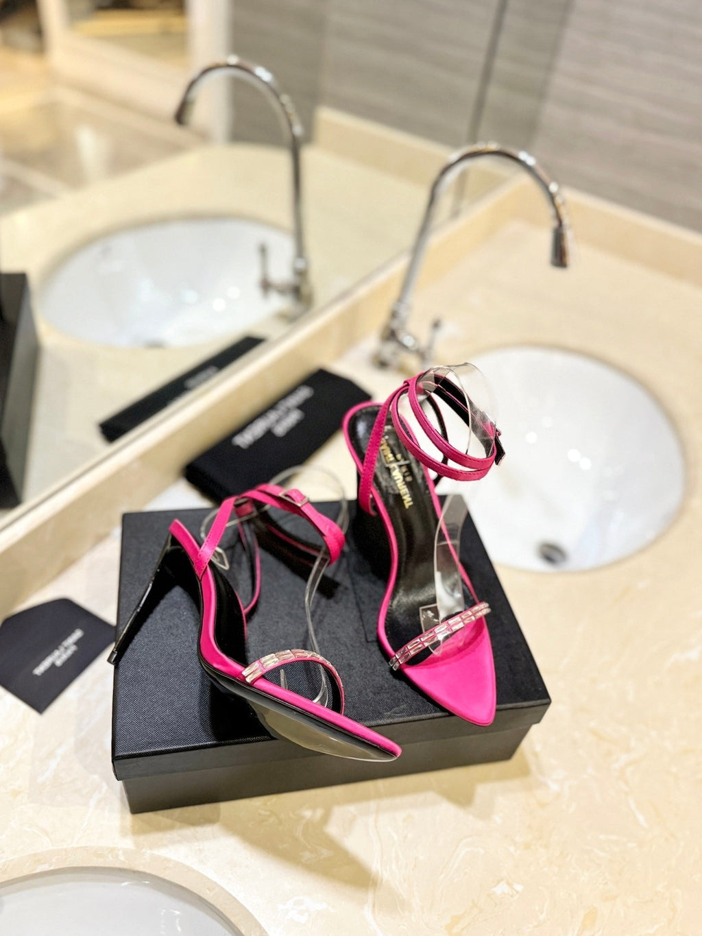 SL RHINESTONE HEELED SANDALS BRIGHT PINK SATIN