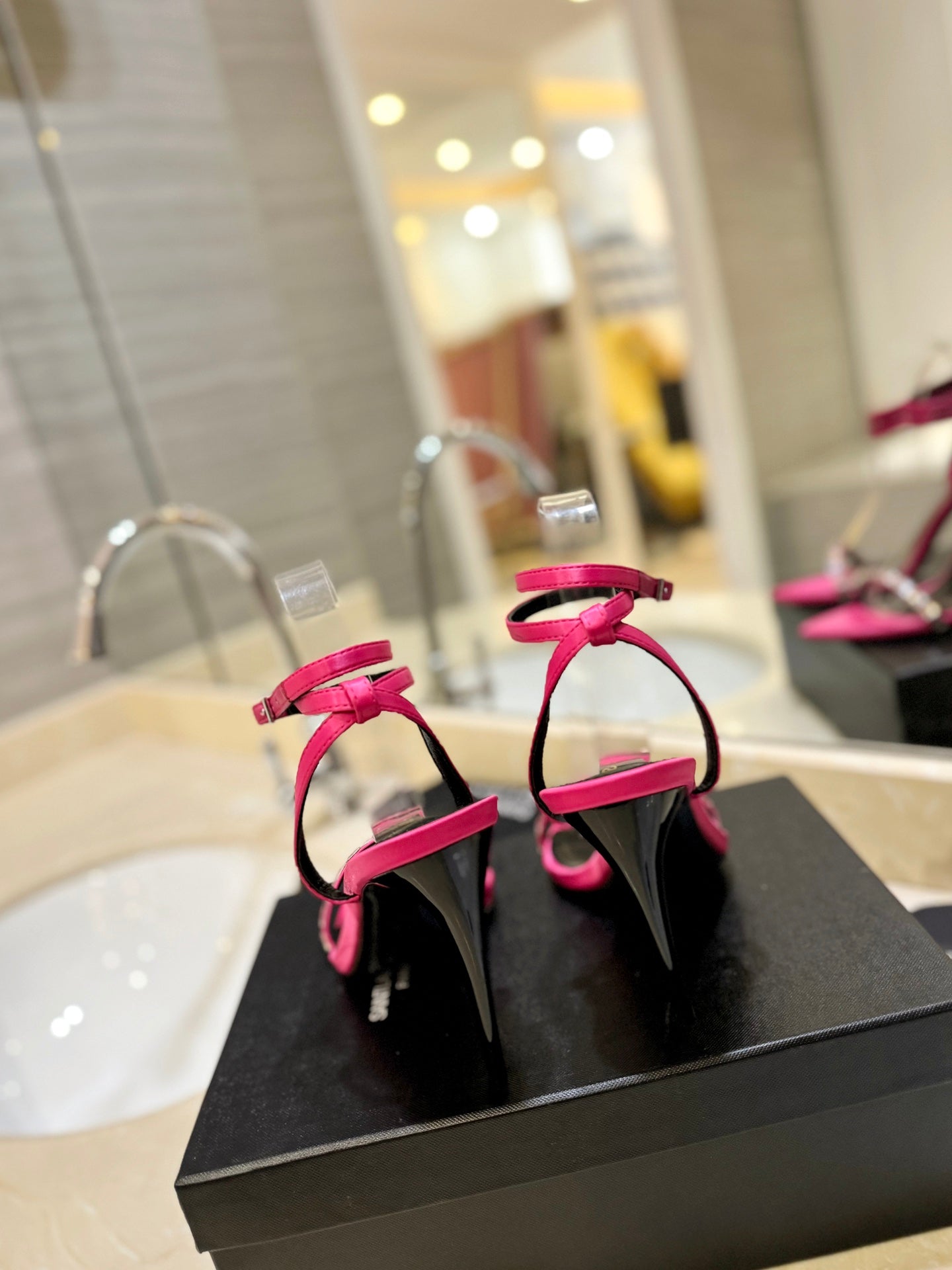 SL RHINESTONE HEELED SANDALS BRIGHT PINK SATIN