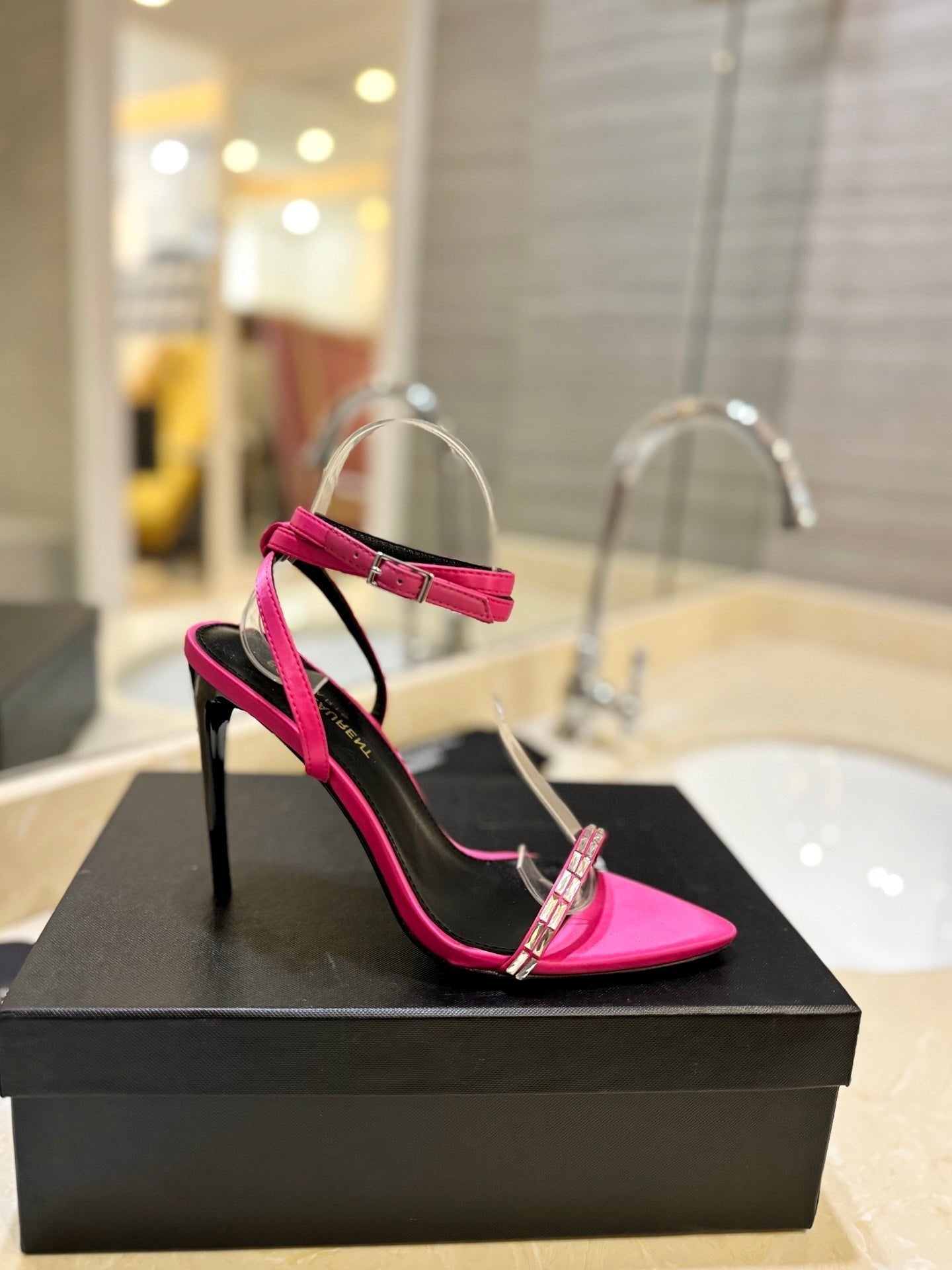 SL RHINESTONE HEELED SANDALS BRIGHT PINK SATIN