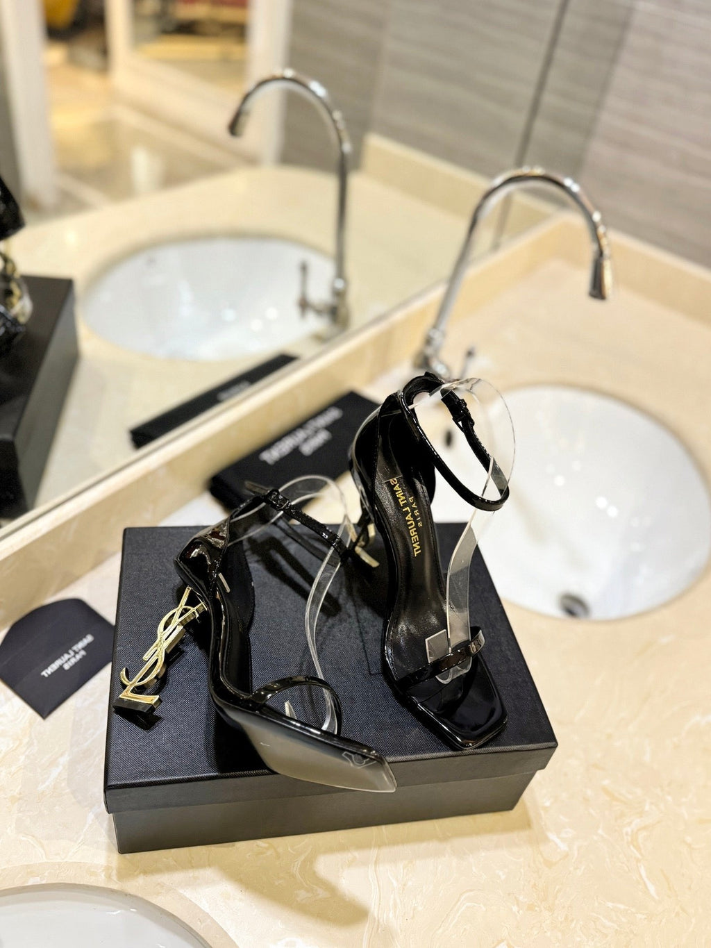 SL OPYUM SANDALS 105 BLACK AND GOLD CALFSKIN