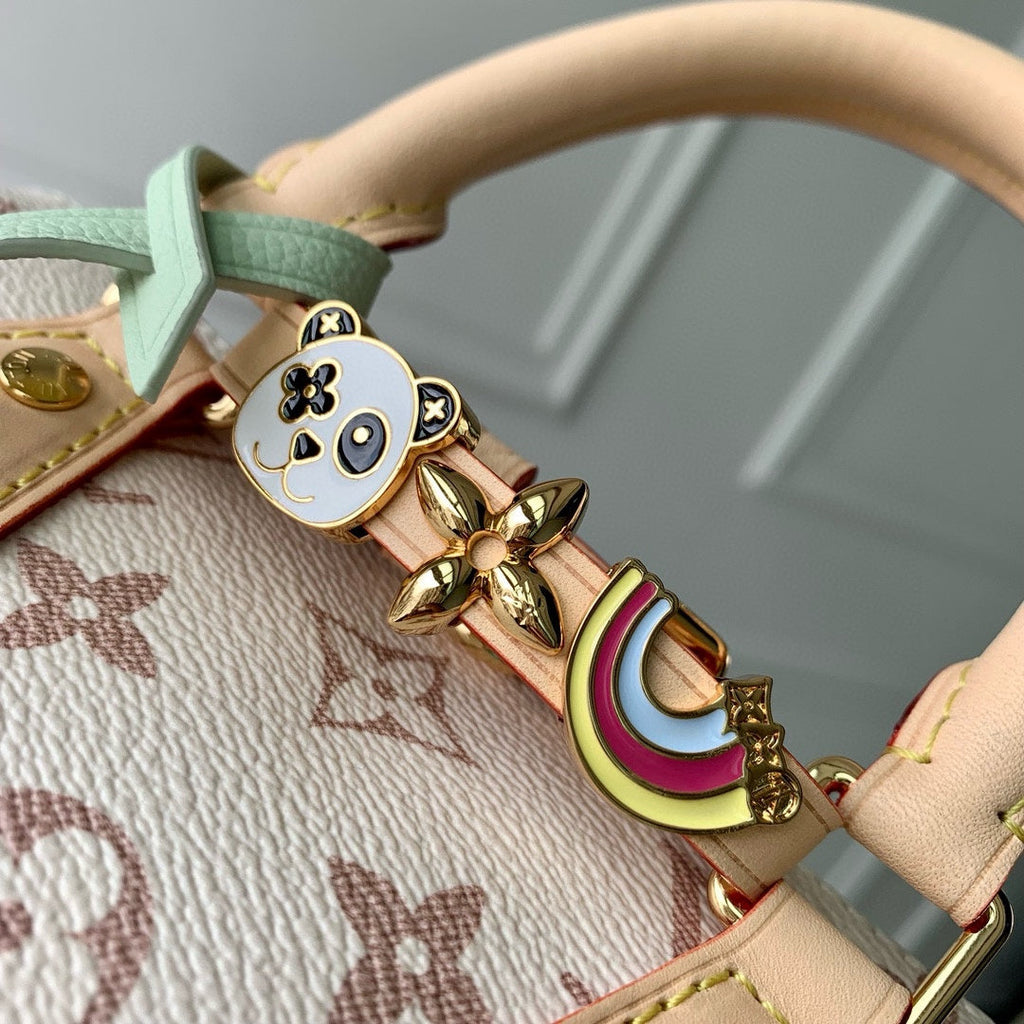 MINI SPEEDY BAG GREEN CHARM 18 IN LIGHT BROWN MONOGRAM DUNE COATED CANVAS