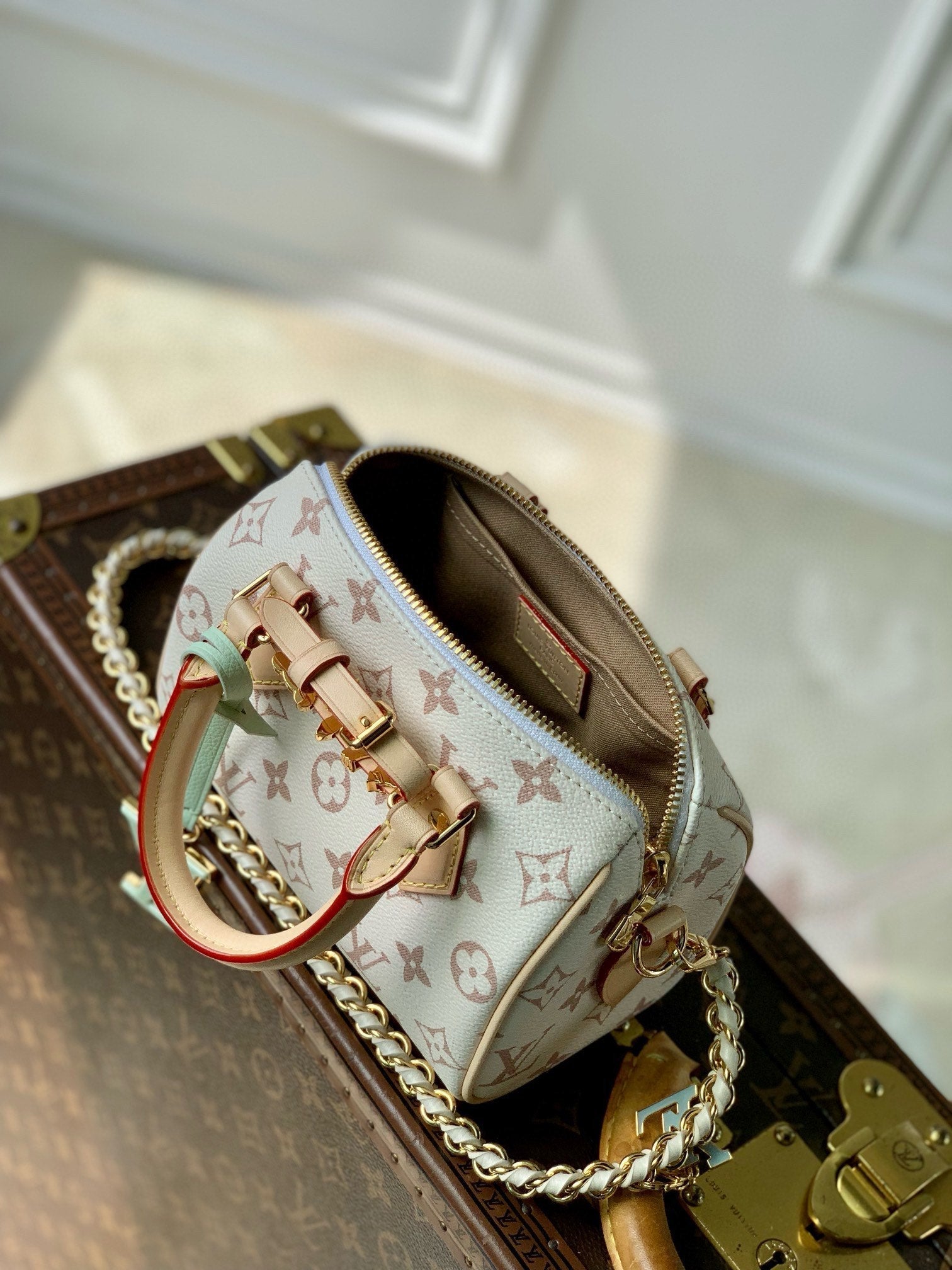 MINI SPEEDY BAG GREEN CHARM 18 IN LIGHT BROWN MONOGRAM DUNE COATED CANVAS