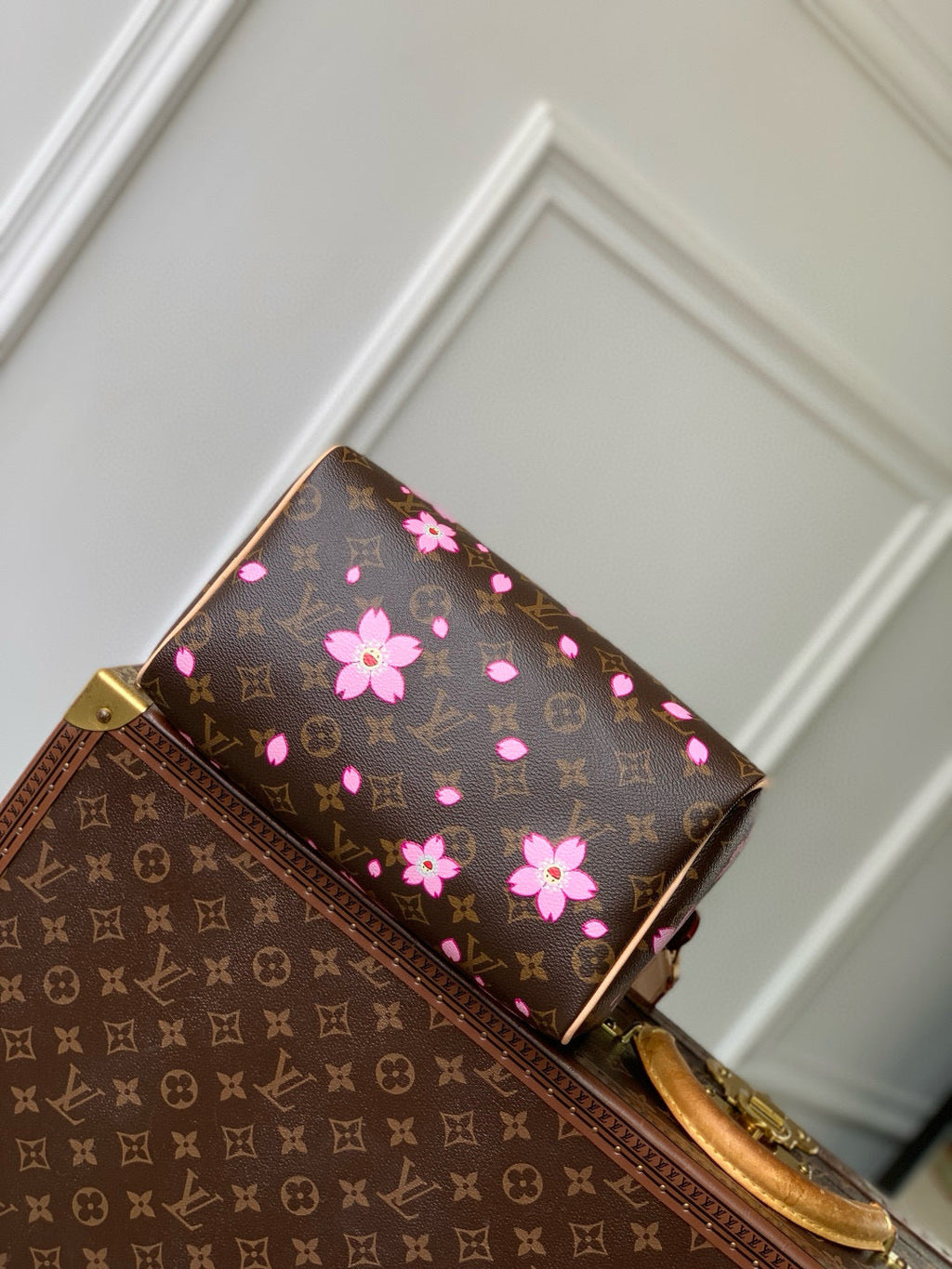 SPEEDY BANDOULIÈRE CHERRY BLOSSOM 25 IN SAKURA BROWN MONOGRAM COATED CANVAS
