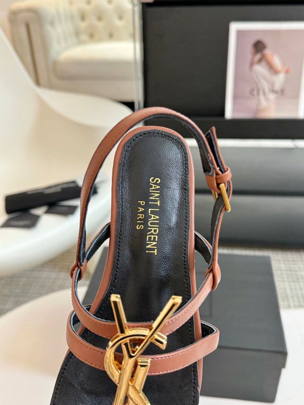 Yves SL Buckle Women Sandals Black Tan Leather