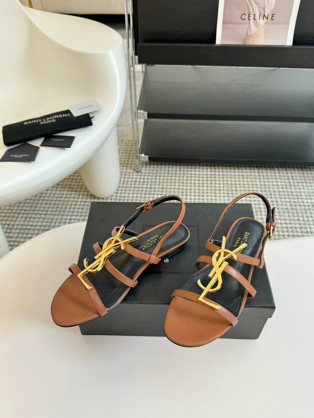 Yves SL Buckle Women Sandals Black Tan Leather