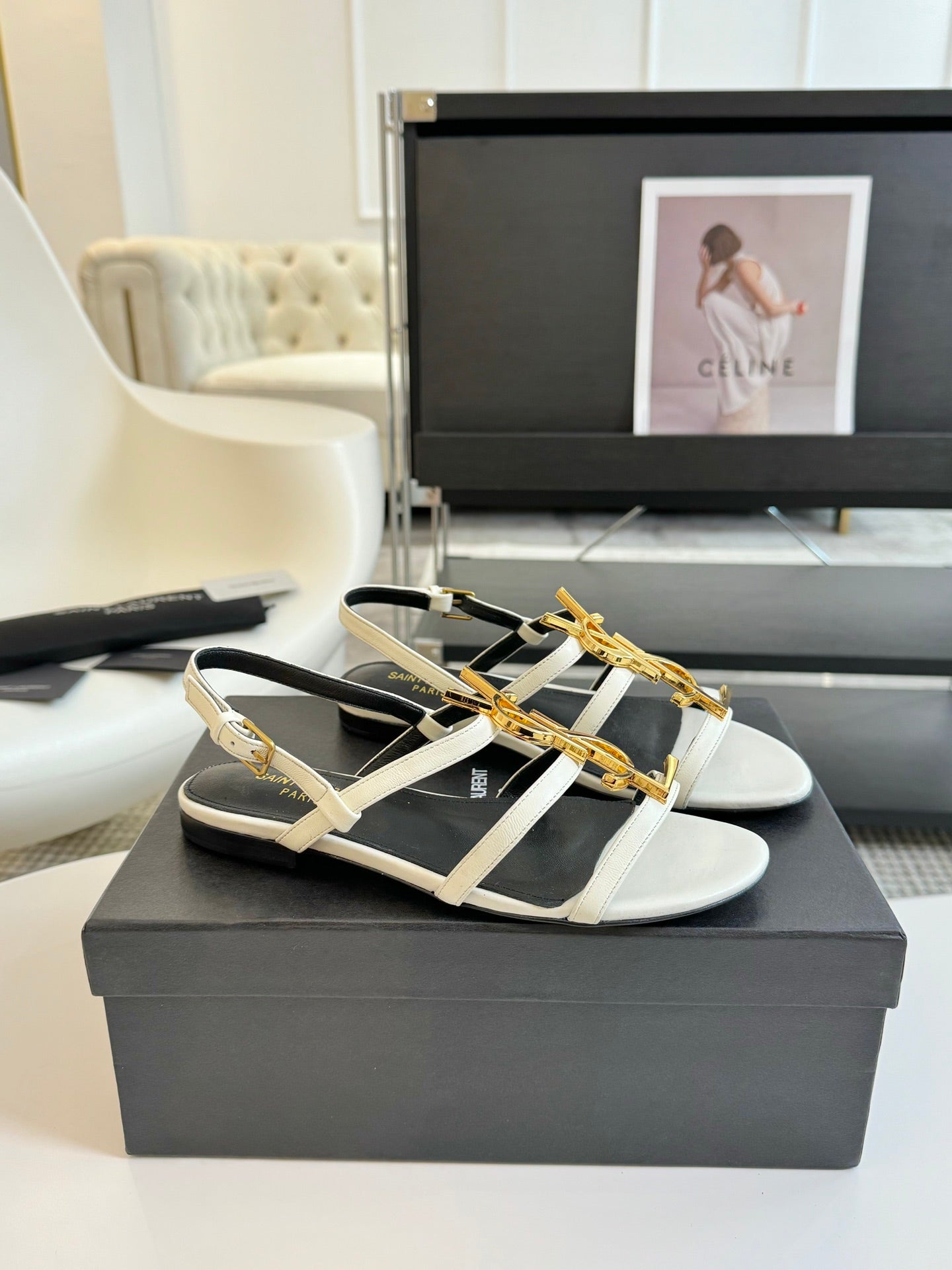 Yves SL Buckle Women Sandals Black White Leather