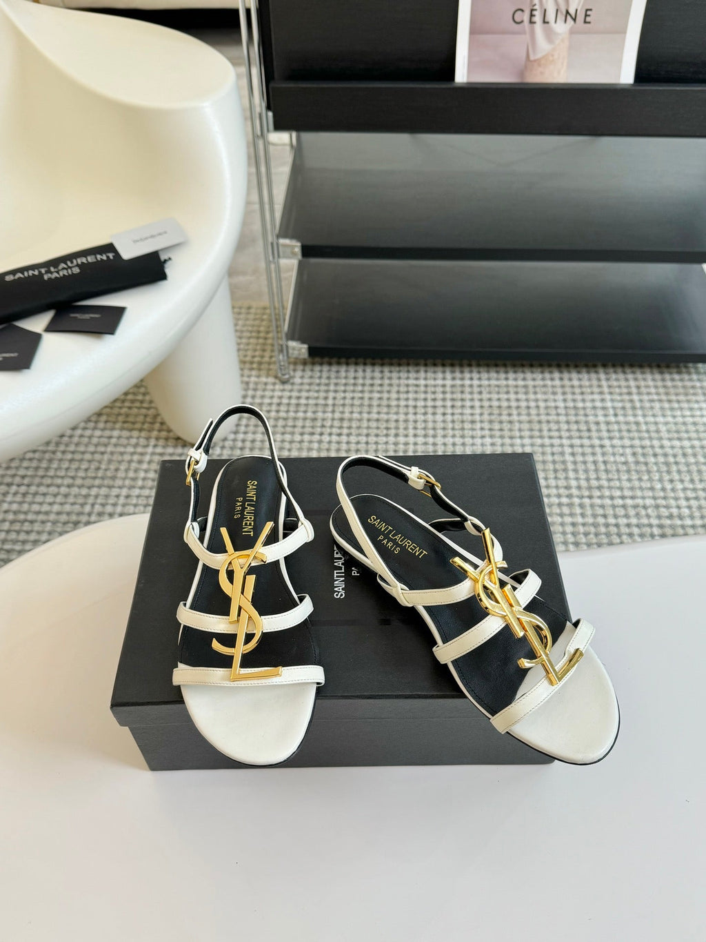 Yves SL Buckle Women Sandals Black White Leather