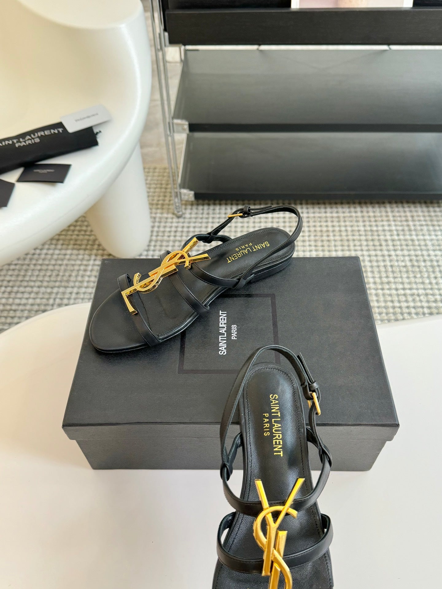 SL CASSANDRA TRIPLE SANDAL FLAT BLACK CALFSKIN