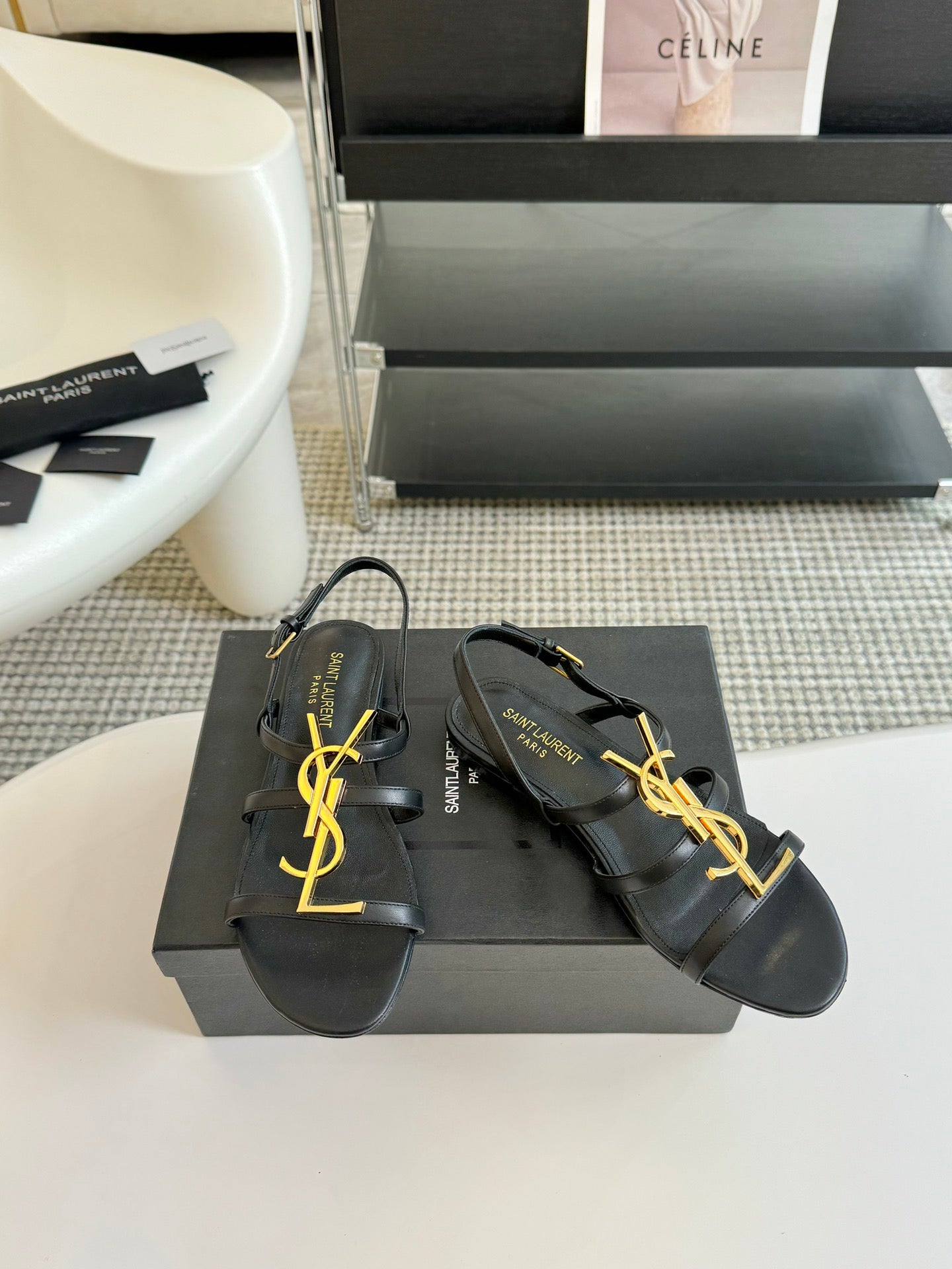 SL CASSANDRA TRIPLE SANDAL FLAT BLACK CALFSKIN