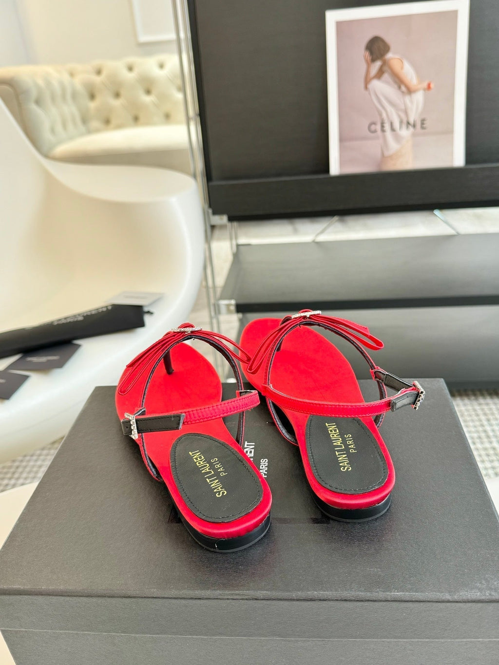 SL Silk Bow T-Strap Flat Sandals Red Leather