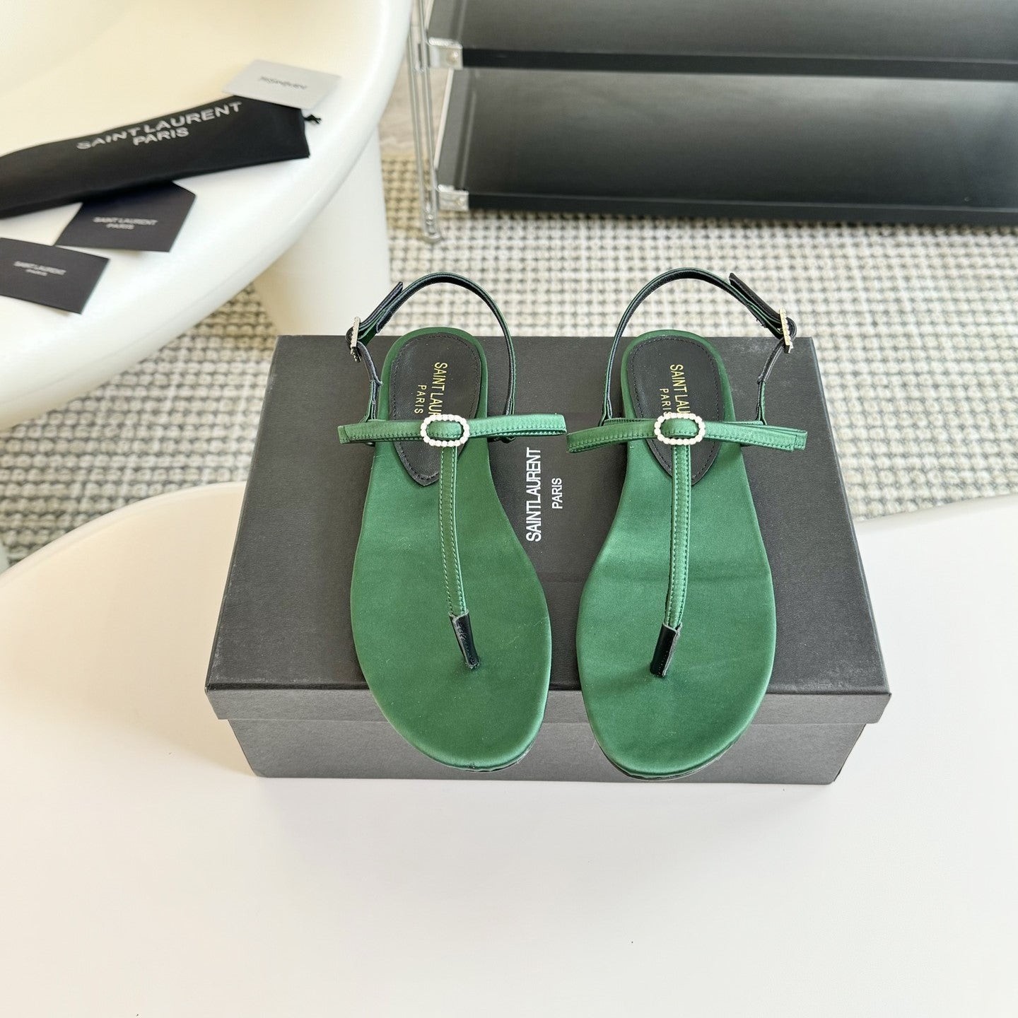 SL Silk Bow T-Strap Flat Sandals Green Leather